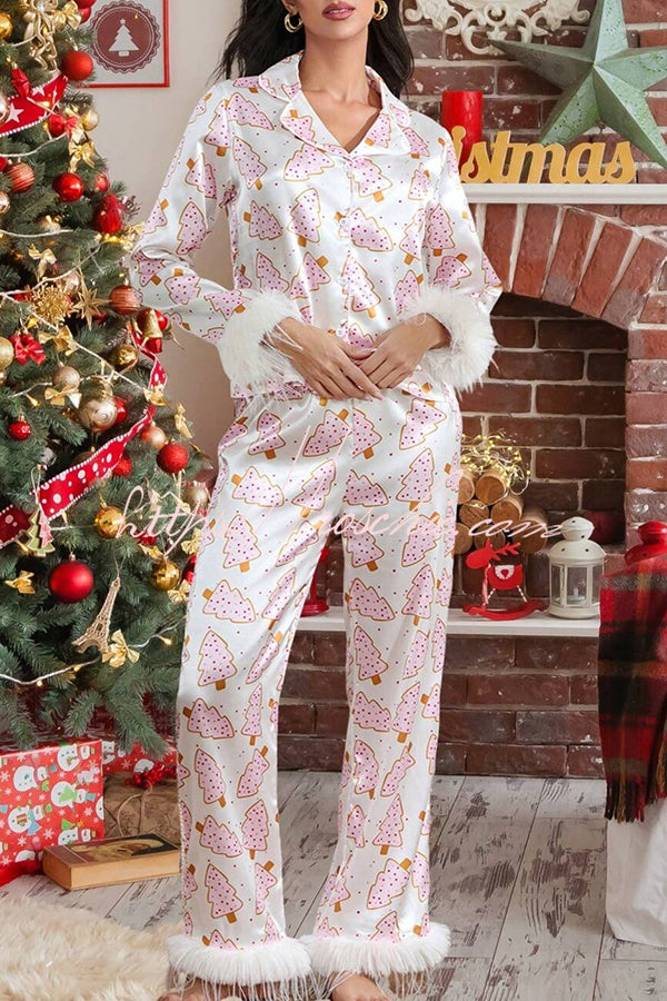 Christmas Print Feather Trim Elastic Waist Pocket Pajama Set