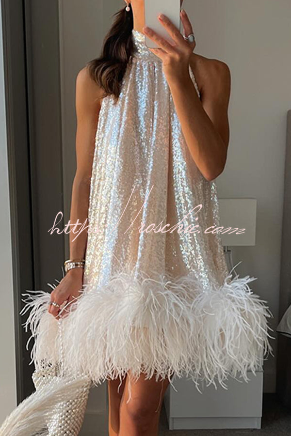 Dancefloor Elf Sequin Feather Trim High Neck A-line Mini Dress