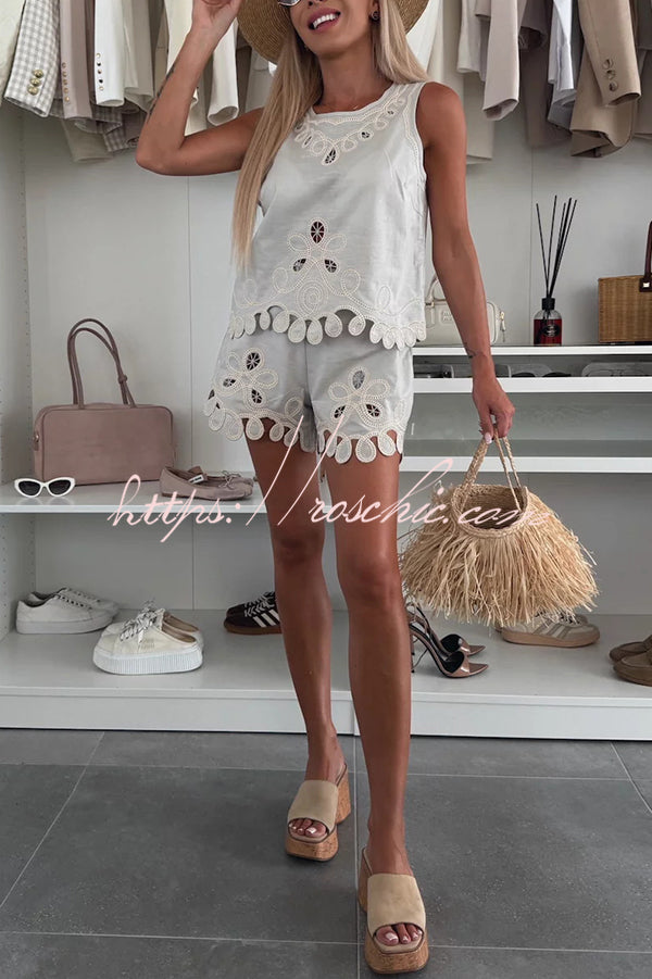 Angie Embroidery Cut-out Sleeveless Top and Elastic Waist Loose Shorts Set