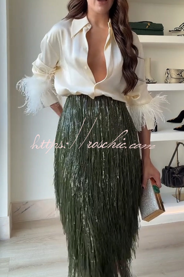 Party Crasher Feather Trim Long Sleeve Button Up Loose Blouse