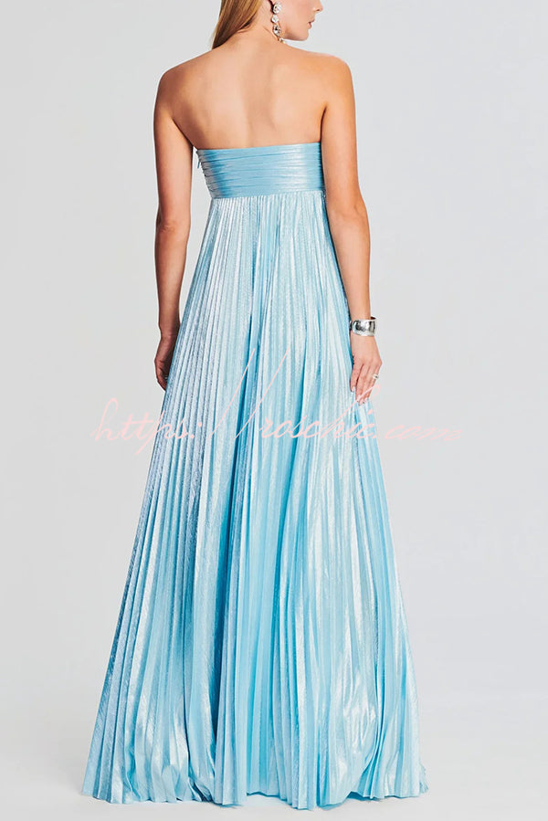 Metallic Sexy Tube Top Pleated High Slit Maxi Dress