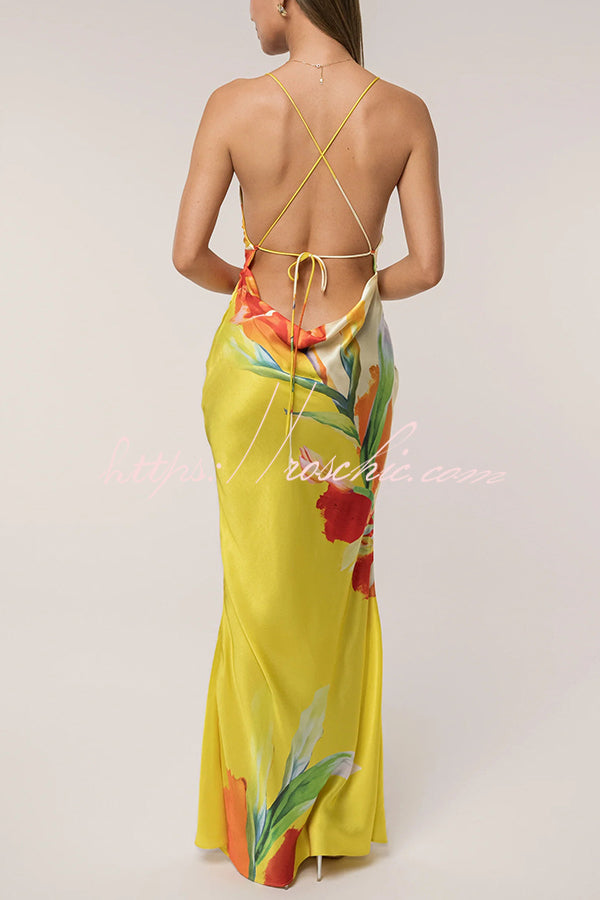 Luisa Satin Floral Print Cowl Neck Sexy Open Back Tie-up Maxi Dress