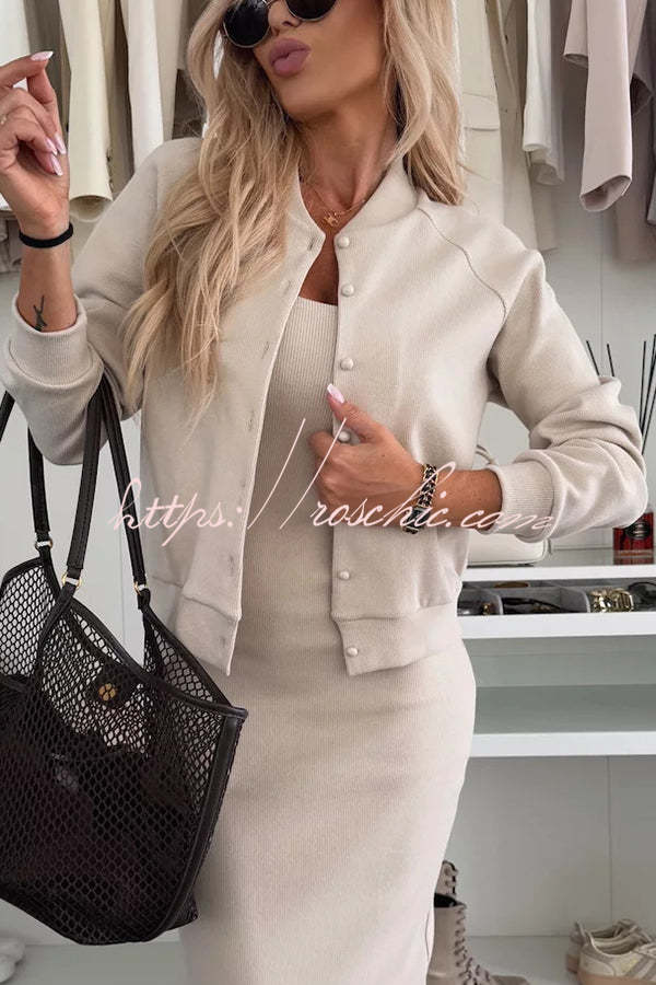 Comfort and Femininity Knit Ribbed Button Up Long Sleeve Bomber Jacket