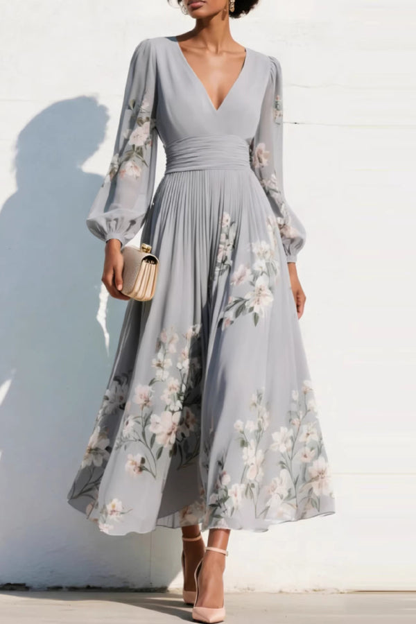 Floral Print V-neck Long-sleeved Fitted Waist Casual Maxi Dress – roschic
