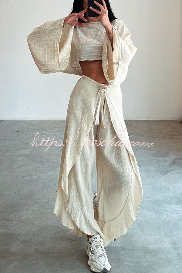 Ideal for Holidays Linen Blend Crop Top and Elastic Waist Tie-up Ruffle Pants Set