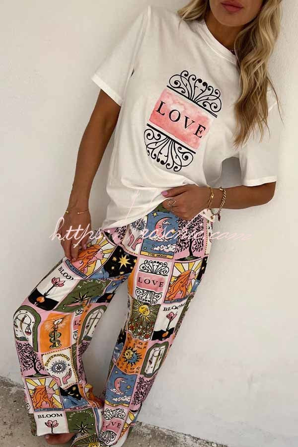 Whimsical Tarot Inspired Print Dolman Sleeve Flowy Shirt and Elastic Waist Wide Leg Pants Set