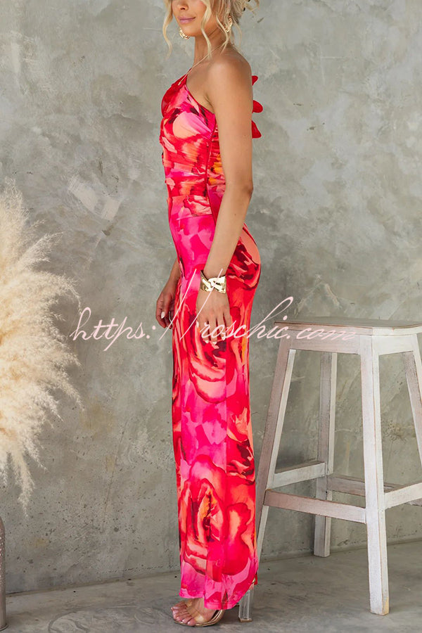 Floral Print Sleeveless 3D Flower One Shoulder Slim Maxi Dress
