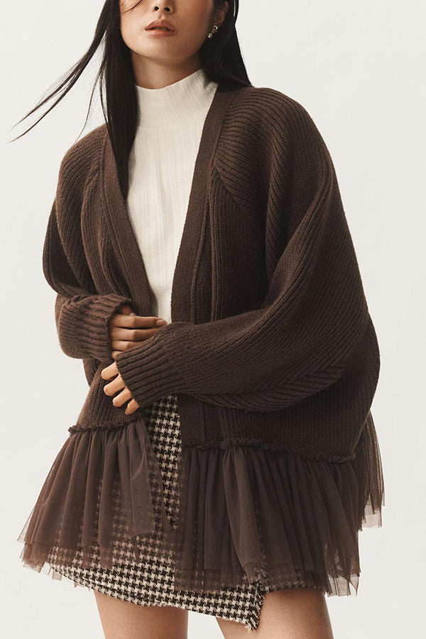 Fashionable Splicing Mesh Ruffle Knitted Long-sleeved Loose Cardigan