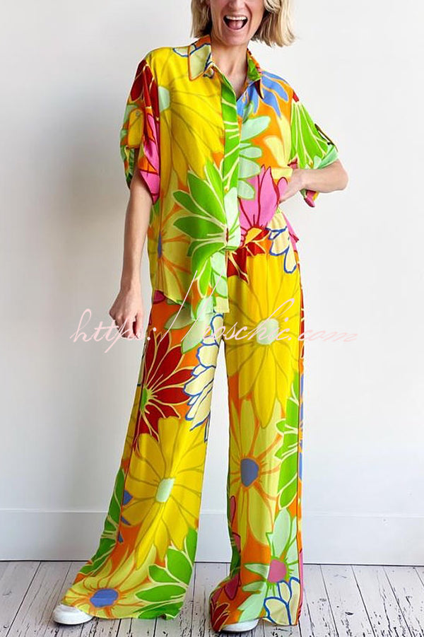 Colorful Flowersl Print Short-sleeved Loose Shirt and Elastic Waist Pocket Pants Set