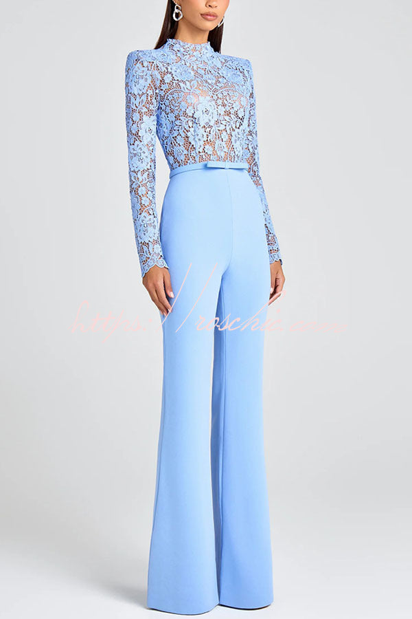 Party Charmer Flower Lace Patchwork Long Sleeve Bow Belted Flare Jumpsuit