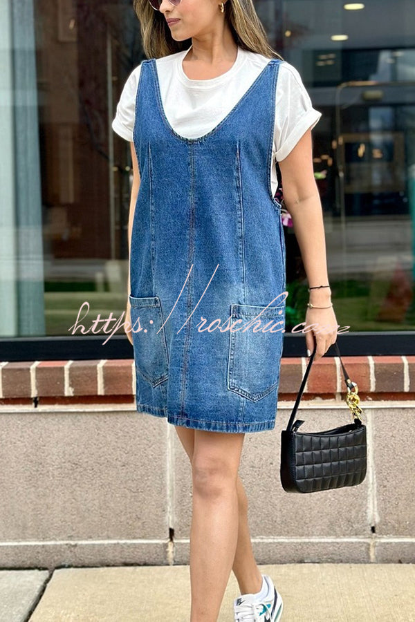 Solid Color Sleeveless V-neck Pocket Adjustable Denim Suspender Mini Dress