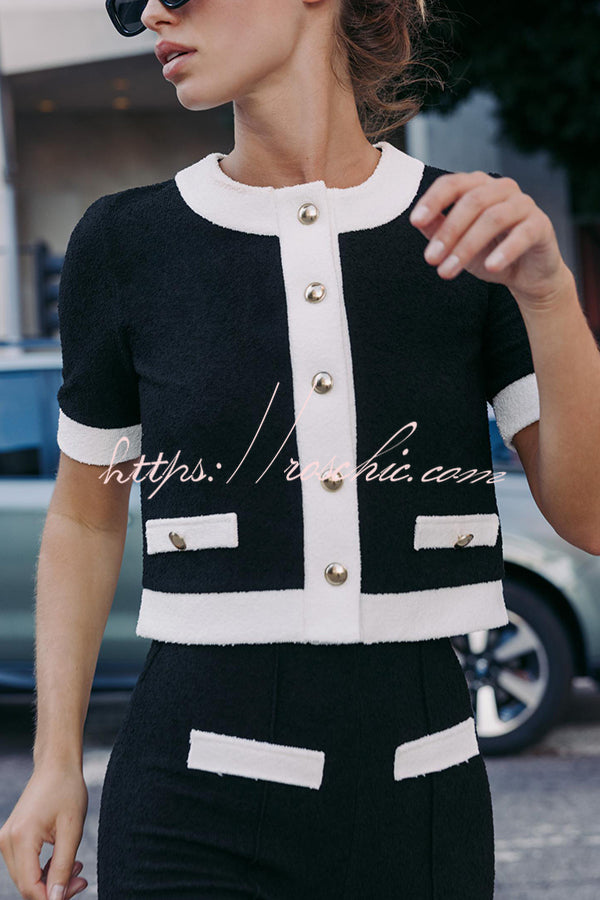 Fashionable Contrast Color Knitted Short-sleeved Button-down Top