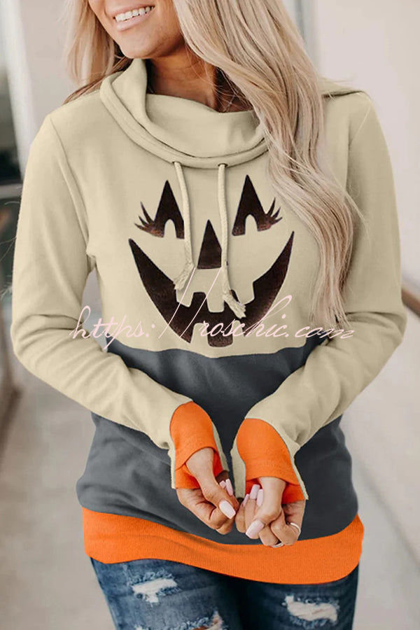 Halloween Pumpkin Print Long Sleeve Drawstring Hoodie