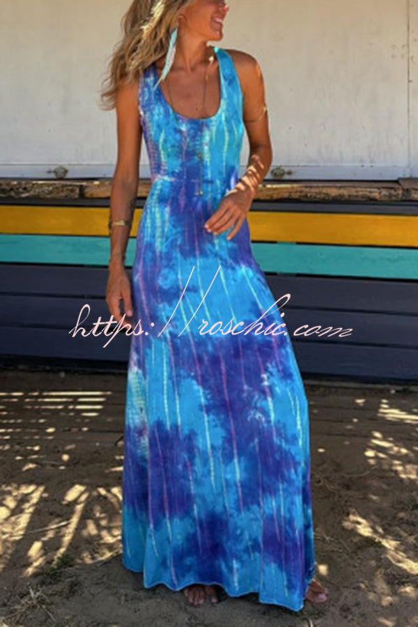 La Bamba Tie-dye Print Back Lace-up Stretch Maxi Dress