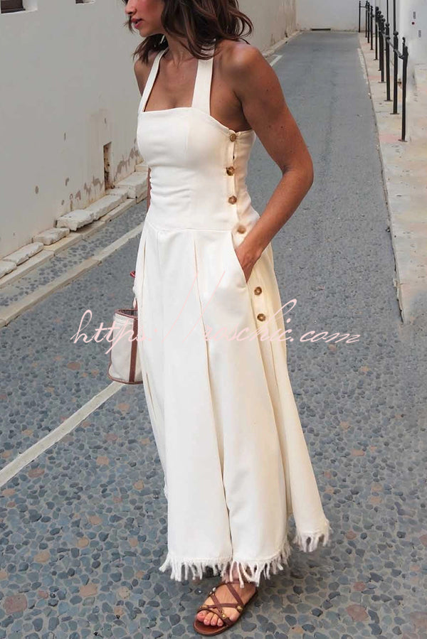 Bohemian Square Neck Pocket Tassel Holiday Maxi Dress