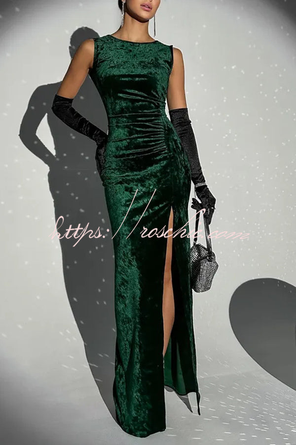 Solid Color Velvet Round Neck Sleeveless Slim Slit Maxi Dress