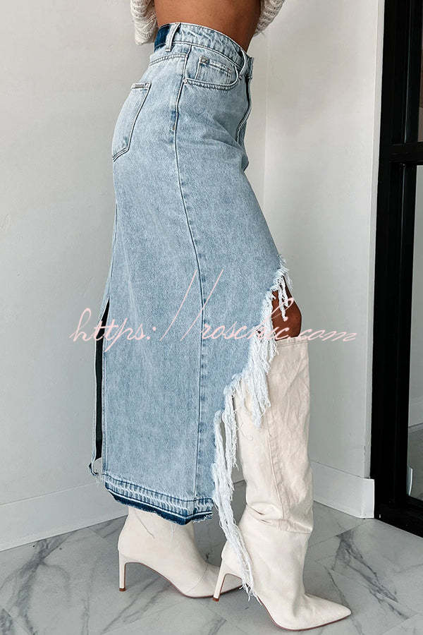 Darla Cutting Ties Heavily Distressed Denim Maxi Skirt