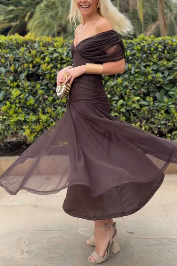 Unique Printed V-Neck Waisted Mesh Holiday Maxi Dress, Brown / XL Unique Printed V-Neck Waisted Mesh Holiday Maxi Dress, Brown / XL