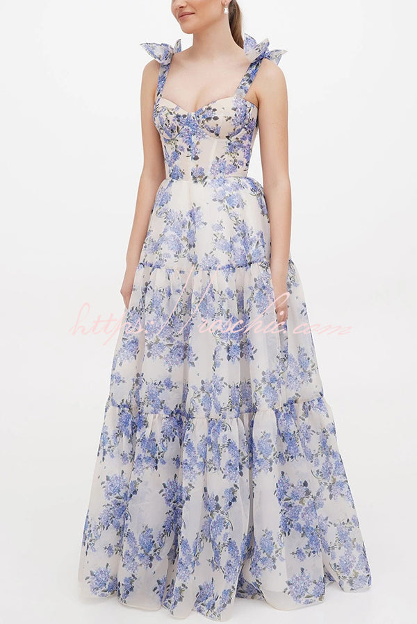 Fairytale Itself Organza Floral Print Tie Strap Maxi Dress