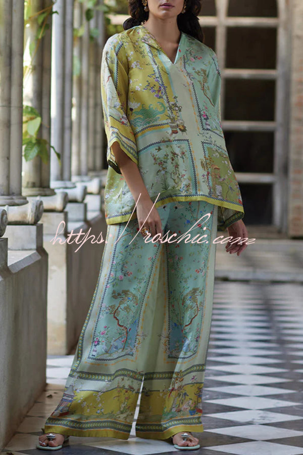 Elonie Satin Floral Print V-neck Half Sleeve Top and Elastic Waist Wide Leg Pants Set