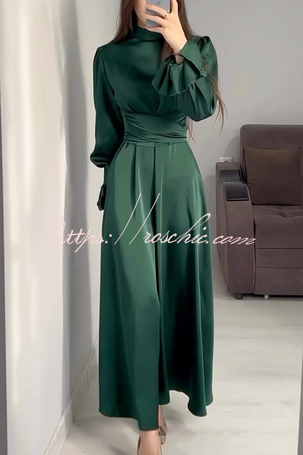 Solid Color Ruffled Sleeves Waisted Tie Slim Fit Maxi Dress