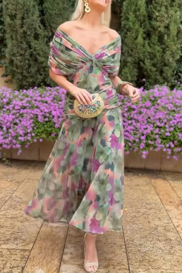 Unique Printed V-Neck Waisted Mesh Holiday Maxi Dress