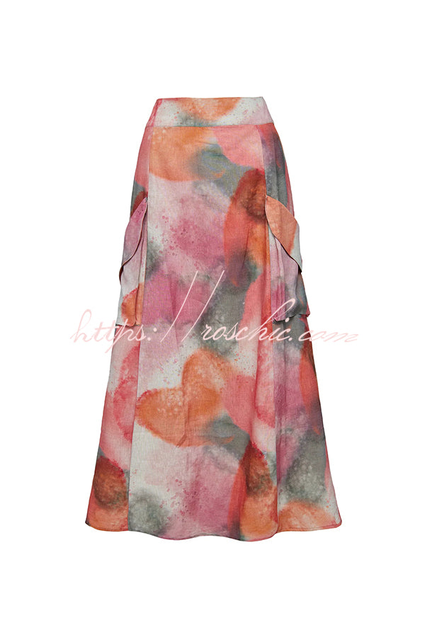 Laylin Wide Sleeve Shirt and Watercolor Print High Waist Drape Pocket Maxi Skirt Set