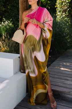 Summertime Favorites Satin Tie Dye Print One Shoulder Drape Vacation – roschic