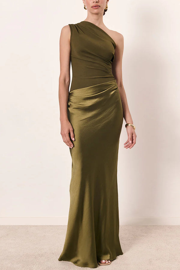 Kaia Satin Contrast Fabric Patchwork One Shoulder Ruched Maxi Dress –  roschic