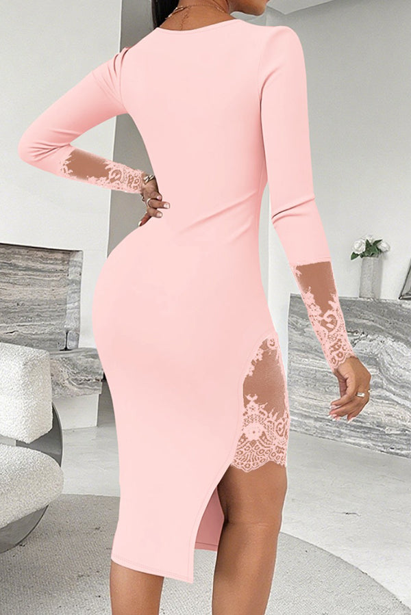Sexy Lace Paneled Square Neck Slim-fit Slit Midi Dress