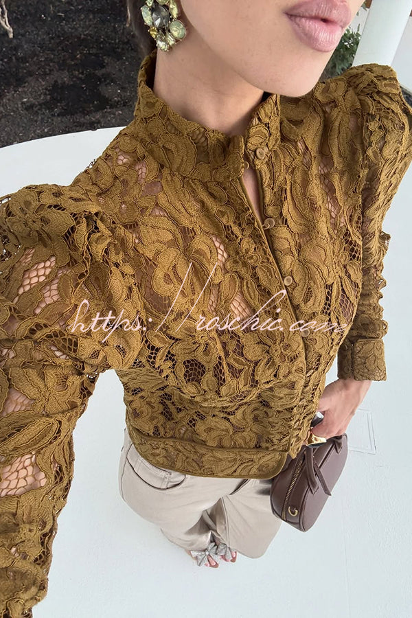Palace Style Crochet Flower Lace Stand Neck Button Puff Sleeve Jacket