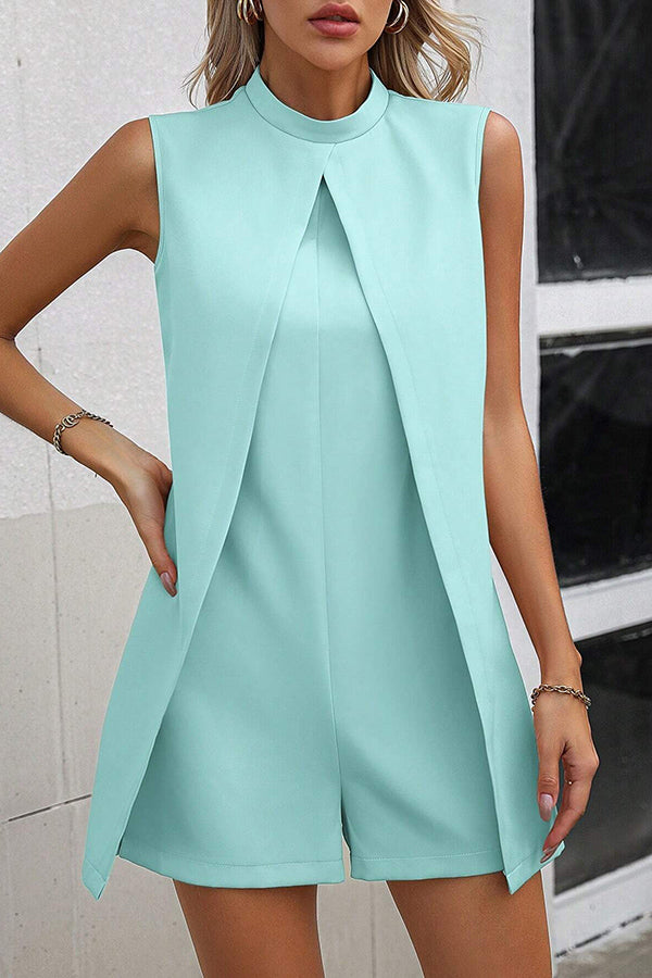 Solid Color Stand Collar Sleeveless Fake Two-piece Casual Rompers
