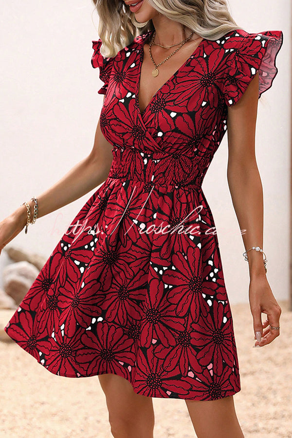 Wonderful Weekend Floral Print Ruffle Sleeve Elastic Waist Mini Dress