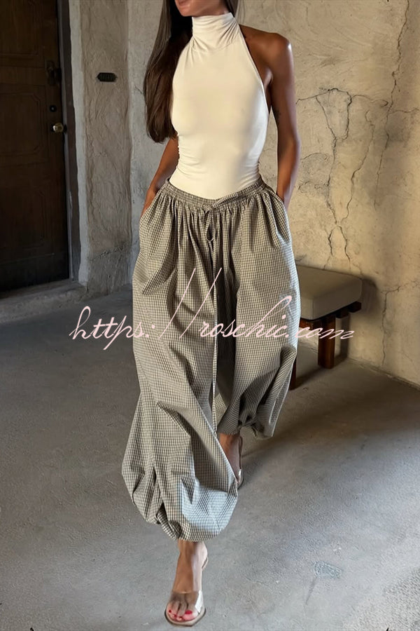 Fashion Plaid Print Elastic Waist Pocket Loose Wide-leg Pants