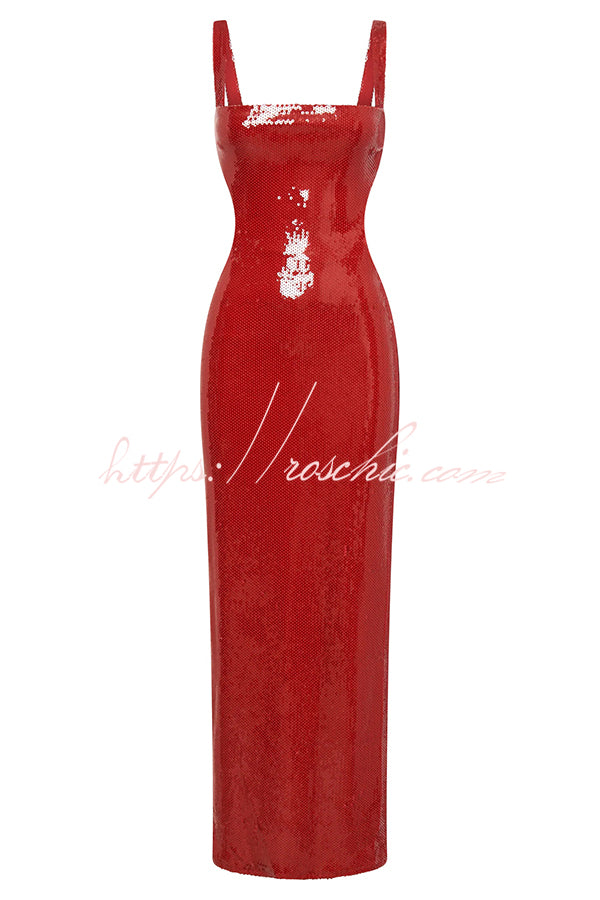 Eye Catching Sequin Cutout Waist Wide Strap Bacakless Maxi Dress