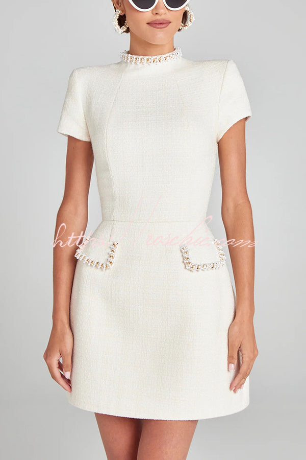 Exquisite and Playful Tweed Fabric Pearl Trim Short Sleeve Pocketed M – roschic