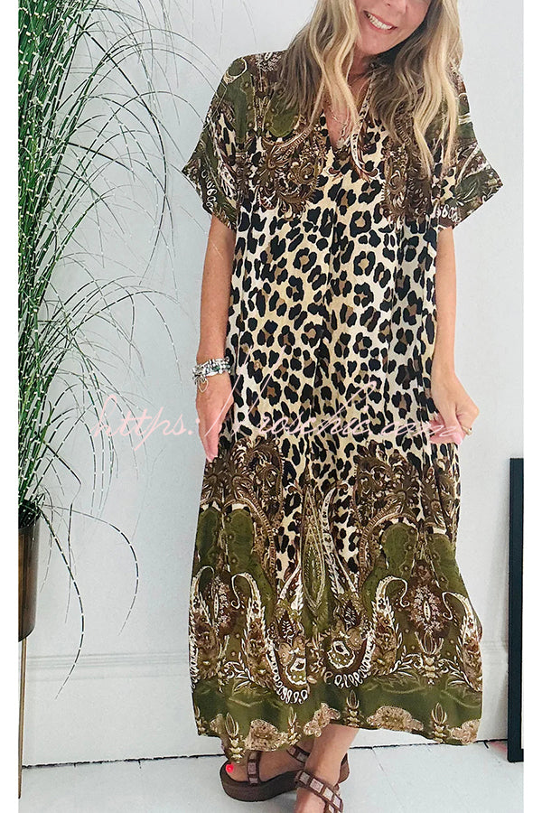 Dalton Paisley Leopard Print Short Sleeve Pocket A-line Midi Dress