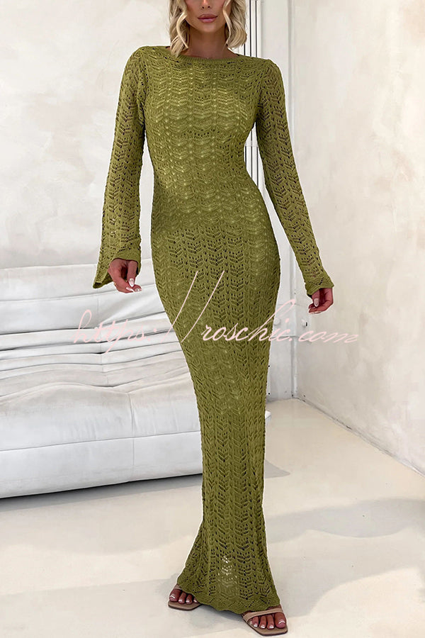 Avie Knit Textured Fabric Backless Tie-up Long Sleeve Stretch Maxi Dress