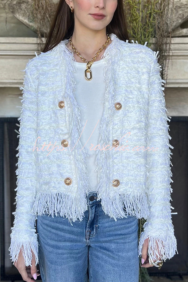 Solid Color Metal Button Long Sleeve Elegant Tassel Top