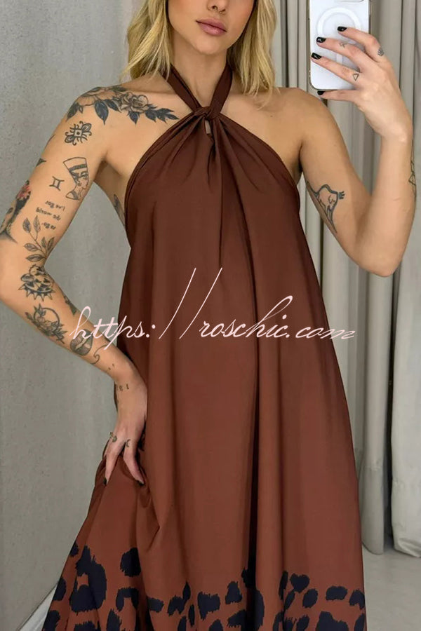 Leopard Print Sexy Halter Neck Backless Loose Maxi Dress