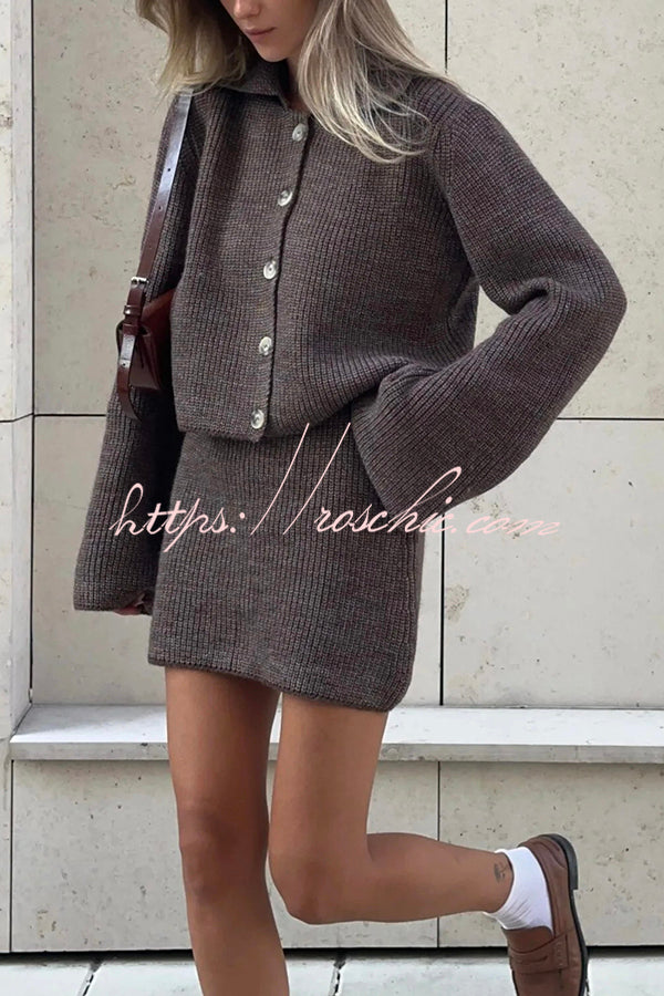 Fashion Lapel Bell Sleeve Knitted Cardigan and Casual Mini Skirt Set