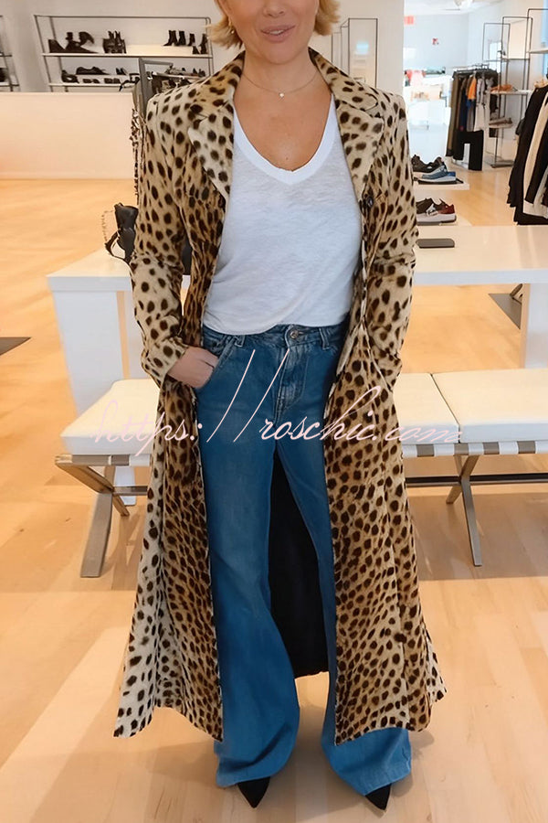 Leopard Print Long Sleeve Pocket Casual Maxi Trench Coat