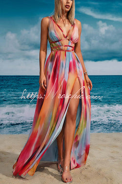 Eileen Tie-dye Print Exquisite Jewelry Ribbon Decoration Strapless Slit Maxi Dress, Red / S Eileen Tie-dye Print Exquisite Jewelry Ribbon Decoration Strapless Slit Maxi Dress, Red / S