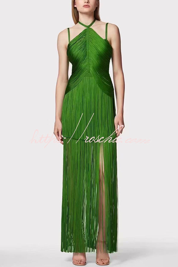 Sexy Halterneck Open Back Elegant Tassel Slim Maxi Dress