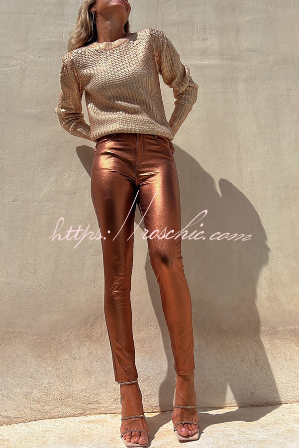 Sweet and Glitzy Metallic Color Pocket Faux Leather Stretch Pants