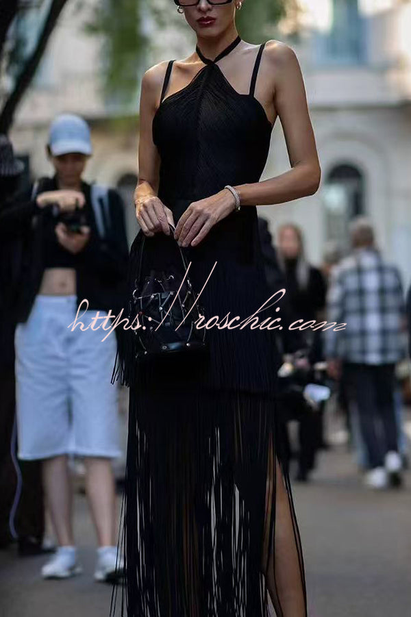 Sexy Halterneck Open Back Elegant Tassel Slim Maxi Dress