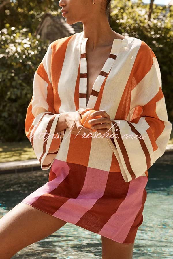 Talah Linen Blend Color Block Print V-neck Long Bell Sleeve Loose Mini Dress
