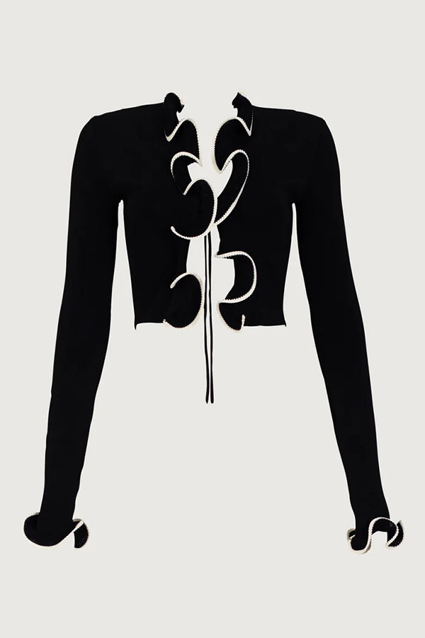 Fashion Ruffled Long-sleeved Tie-cropped Knitted Cardigan