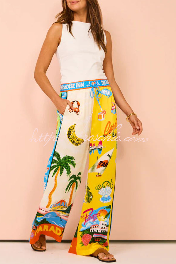 Kissed By The Sun Satin Unique Print Colorblock Elastic Waist Pocketed Wide Leg Pants