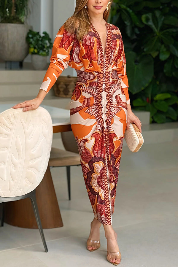 Vintage Baroque Deep V Neck Long Sleeve Slit Bodycon Dress Casual Ruched Slim Fit Vacation Dress Orange XL by chicme Vintage Baroque Deep V Neck Long Sleeve Slit Bodycon Dress Casual Ruched Slim Fit Vacation Dress Orange XL by chicme